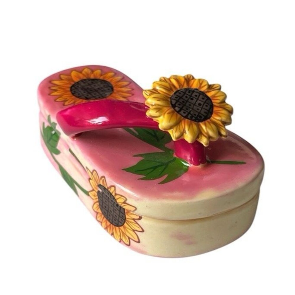 Flip Flop Ceramic Trinket Box Sunflowers Hand Painted Glazed Beach Decor 3.5''